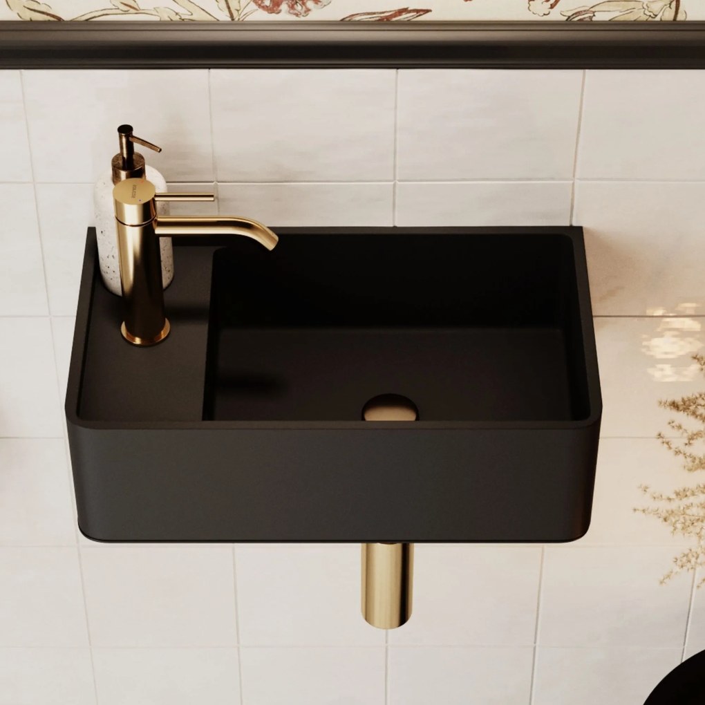Umywalka zkamienia syntetycznego nablatowa / wisząca prostokątna czarna 43 cm x 25 cm EVELIA Black : Otwory na baterię - Tak, Typ montażu - podwieszana