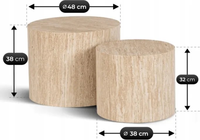 Zestaw Stolików Kawowych LEILA 38 cm/48 cm Trawertyn Nowoczesny