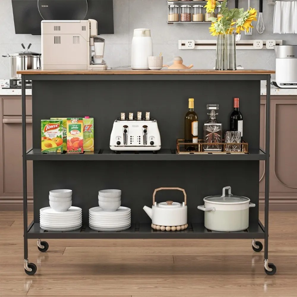 Stół barowy z półkami i kółkami, 120 x 60 x 97 cm – nowoczesny design loftowy, ciemnobrązowy/czarny