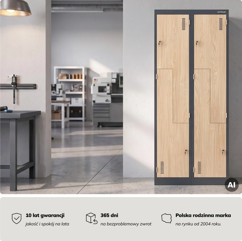 Szafa socjalna ubraniowa typu L, czterokomorowa, antracytowa/dąb sonoma, 800x1850x450 mm: JULIA Eco Design