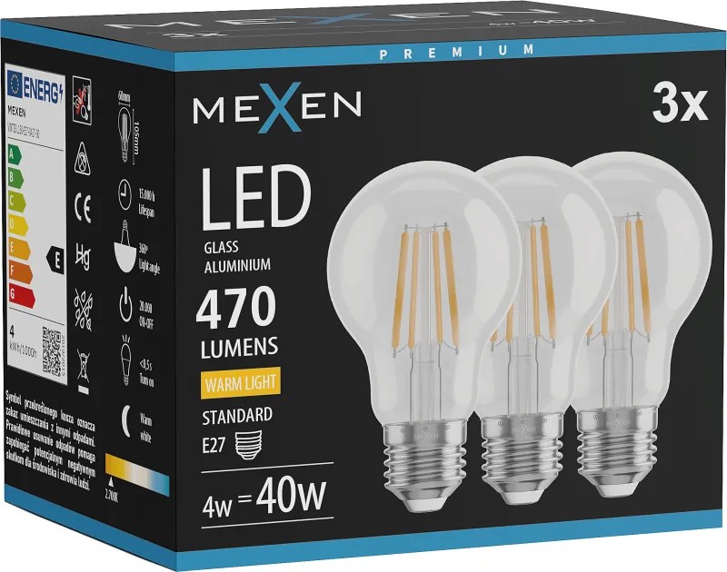 Mexen Vintis 3x żarówka filament LED E27, A60, 4W, Ciepła - 2700K, 470 lm, clear - L150-E27-0427-00x03