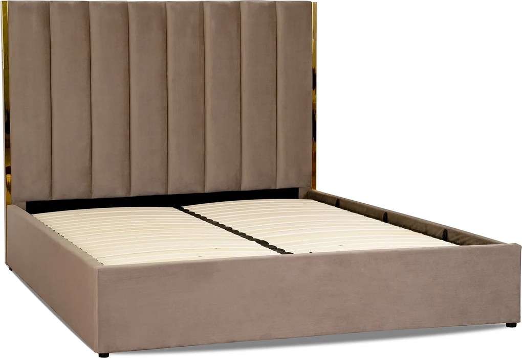 Łóżko Tapicerowane 160x200 cm EMILIO ze Stelażem i Pojemnikiem Dwuosobowe Beżowe Welurowe