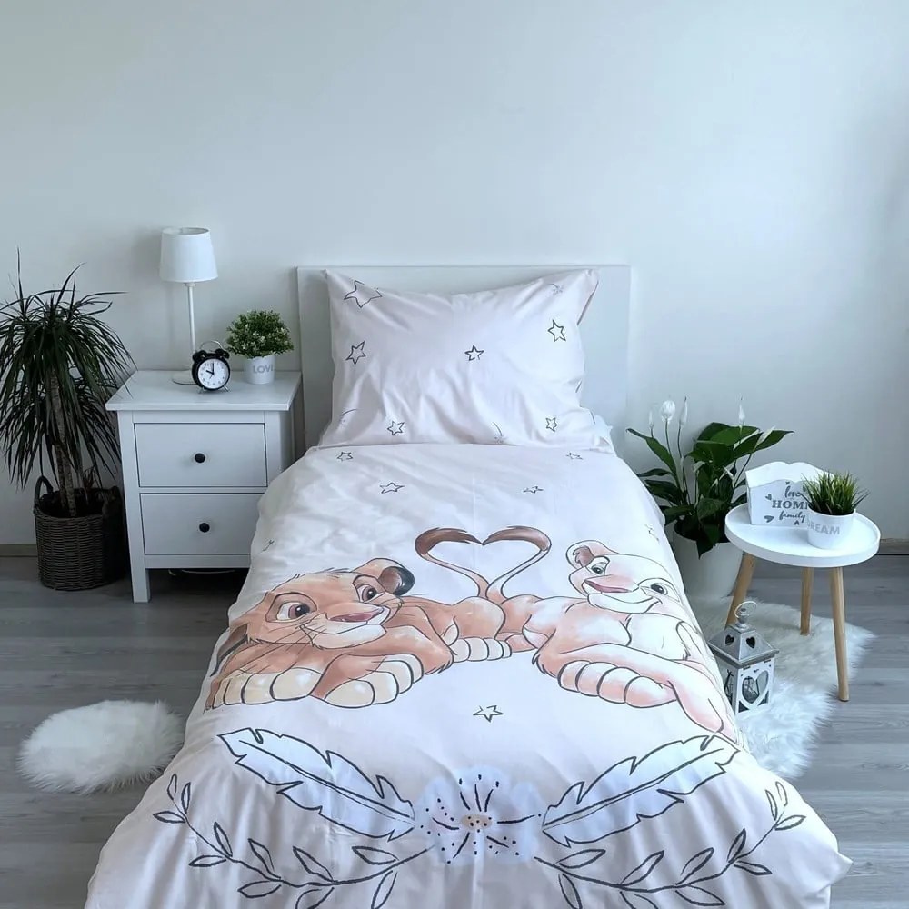 Jasnożółta bawełniana fluorescencyjna pościel dziecięca jednoosobowa 140x200 cm Lion King "Best friends" – Jerry Fabrics