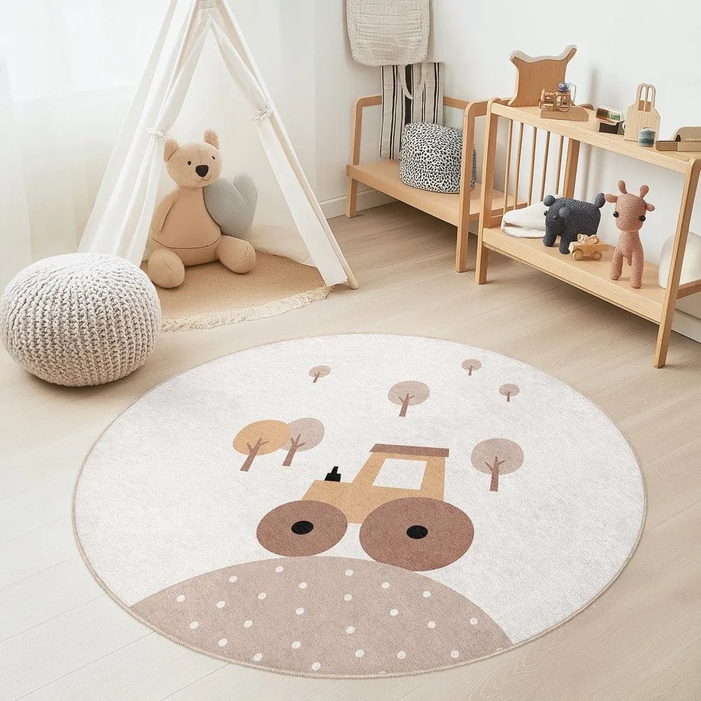 Beżowy dywan dziecięcy odpowiedni do prania ø100 cm Tractor World – Mila Home