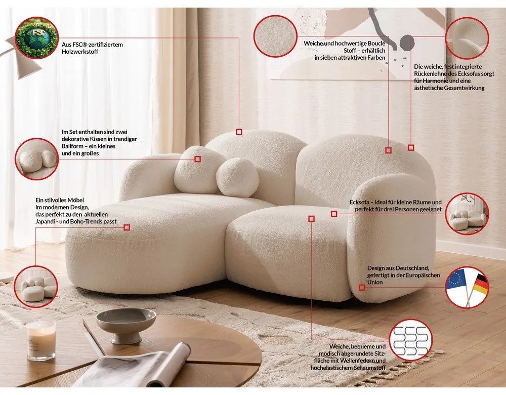 Jasnobrązowy narożnik z materiału bouclé (lewostronny/z szezlongiem) Orbit – Ropez