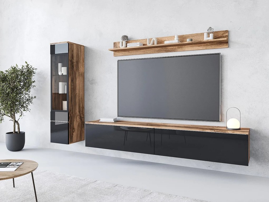 Zestaw mebli do salonu 3 elementy z LED – szafka RTV 180 cm witryna i półka, korpus dąb Wotan, fronty czarny połysk