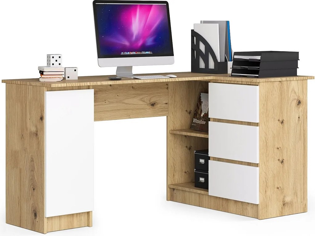 Biurko narożne AKORD B20 Dąb Artisan 155 cm prawe 1 drzwi 3 szuflady kolor Biały mat 4 półki 155x85x77 cm