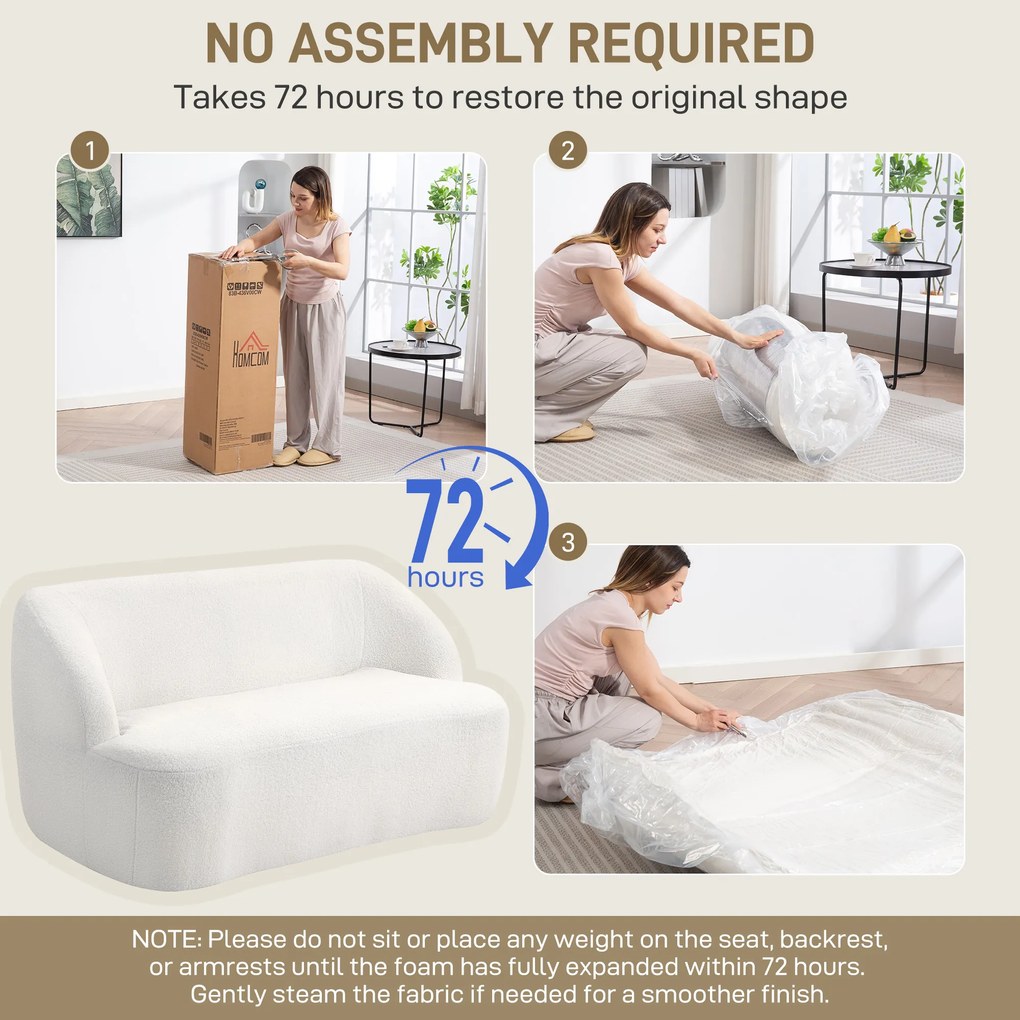 HOMCOM Sofa 2-osobowa, zaokrąglony design, kanapa z pokryciem fleece, do salonu, sypialni, biura, Kremowy