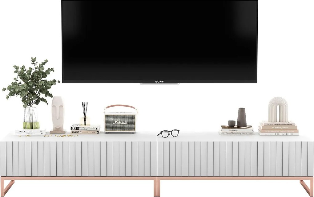 Szafka RTV z 2 drzwiami - korpus Biały mat, fronty ryflowane Biały mat - 220 cm, stelaż metalowy