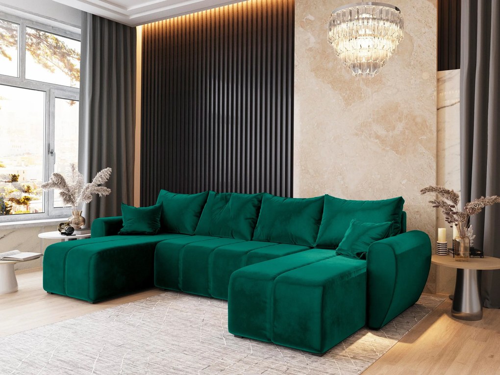 Masseno Narożnik MADISON z funkcją spania i pojemnikiem na pościel Narozniki U, Rozkładana sofa - Butelkowa zieleń, KRONOS 19