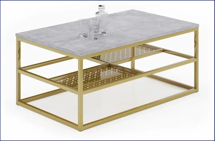 Metalowy stolik kawowy z półkami beton + złoty - Hila 3X