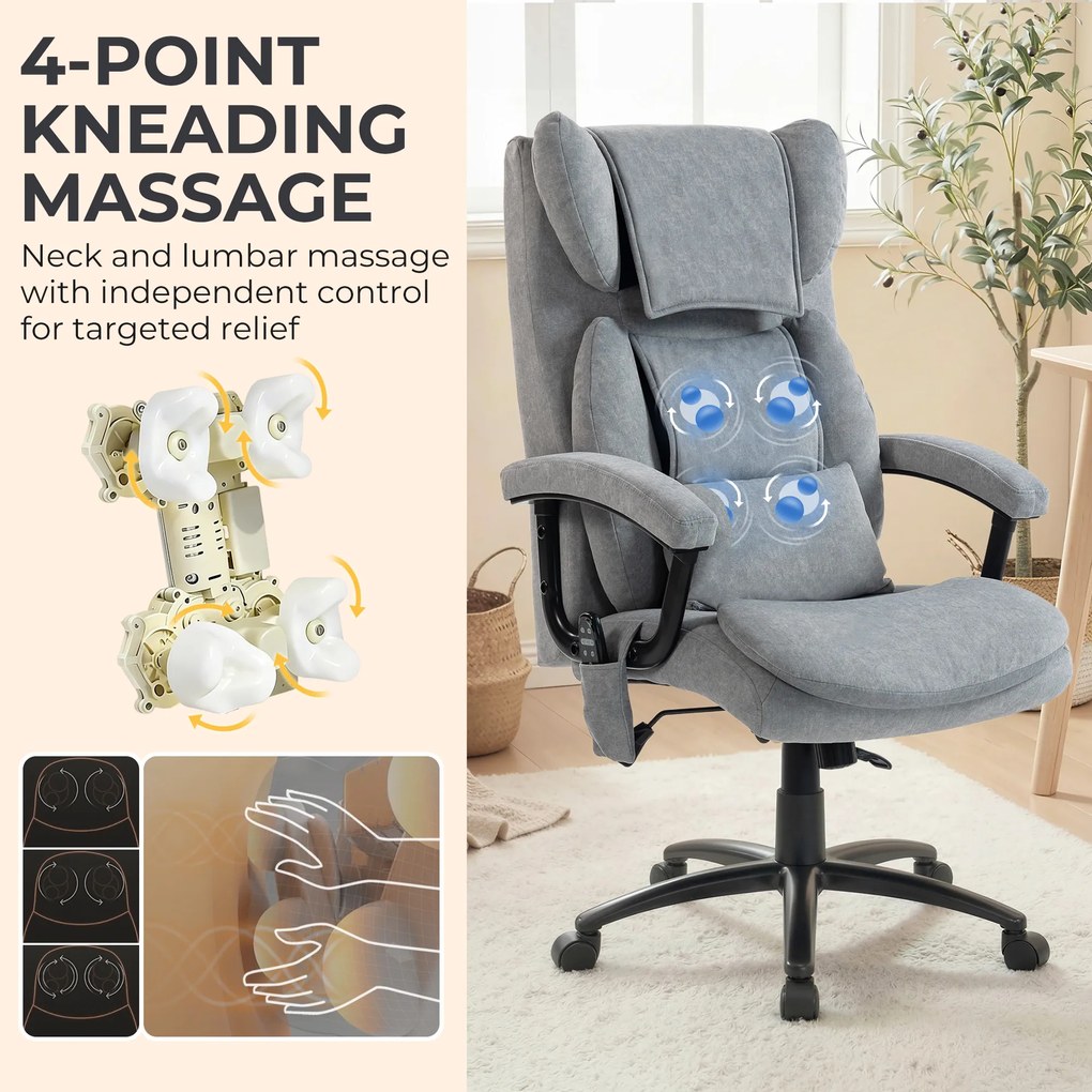 HOMCOM Ergonomiczny fotel biurowy z funkcją masażu, 4 punkty masażu, fotel z wysokim oparciem typu butterfly, szerokie siedzisko, szary aksamit | Aosom PL