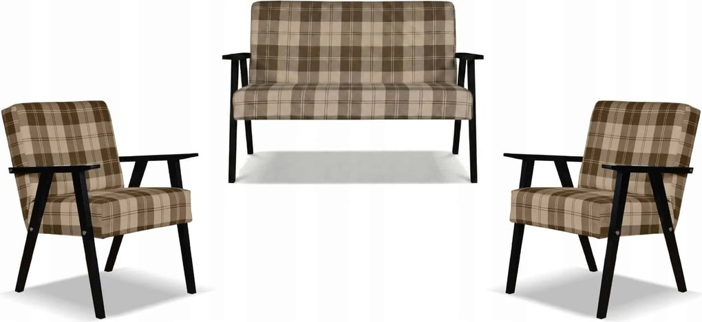 Zestaw mebli PRL retro SOLER sofa fotele Family Meble krata brąz - beż