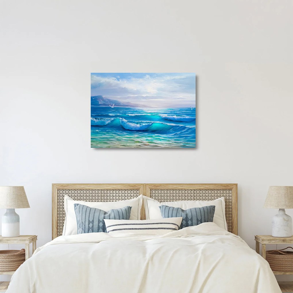 Obraz na szkle - Obraz olejny przedstawiający morze z mewami (70x50 cm)