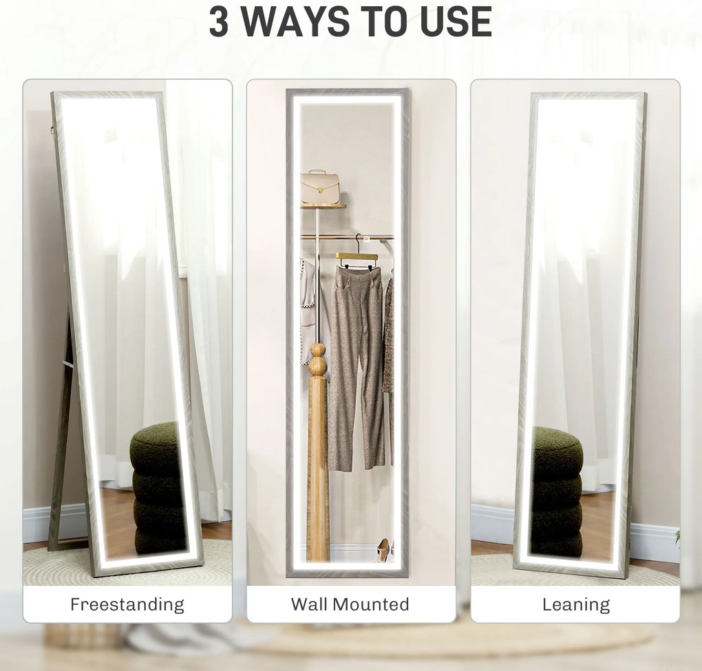 HOMCOM Lustro całego ciała z LED, 40 x 160 cm, sterowanie dotykowe, ściemnialne, 3 kolory, Szary