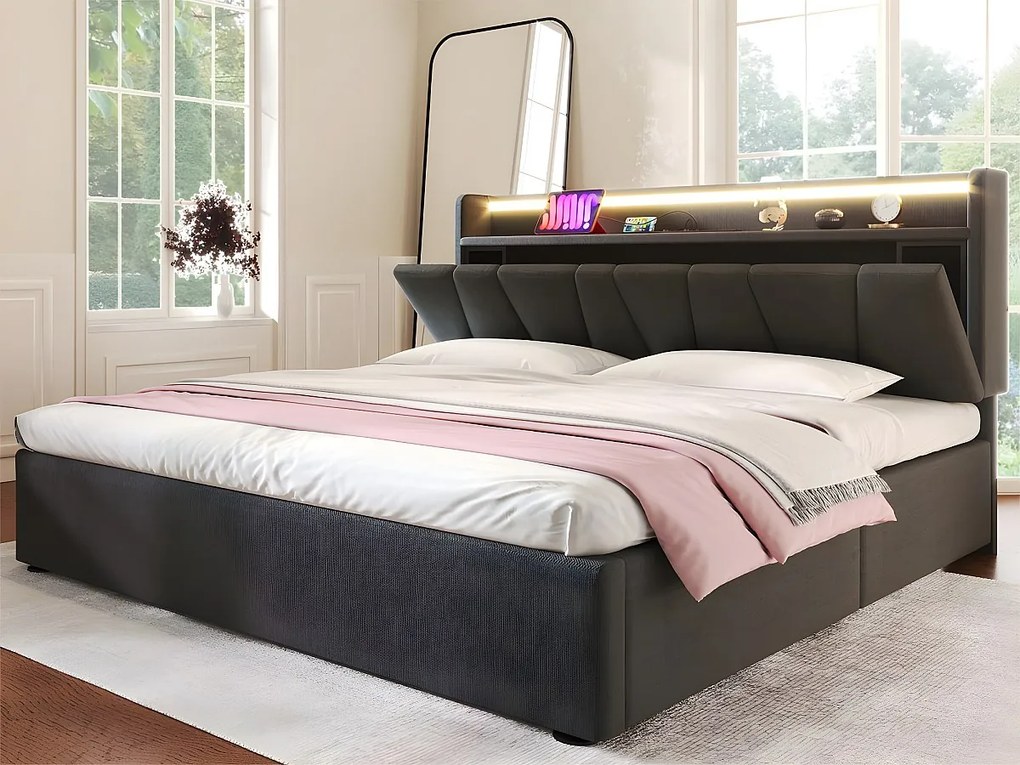 Łóżko z pojemnikiem 140x200cm - z LED i portami ładowania - tkanina lniana - Szary