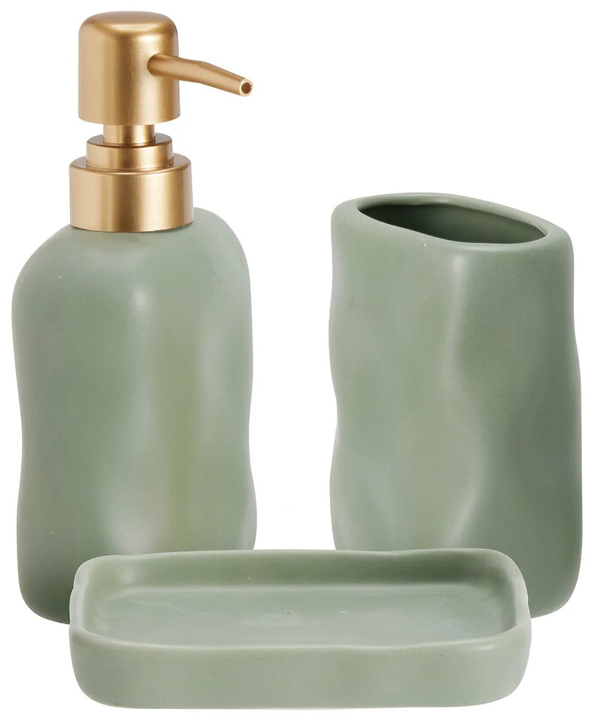 Zestaw łazienkowy EON, ceramiczny dozownik ze złotą pompką, kubek i taca