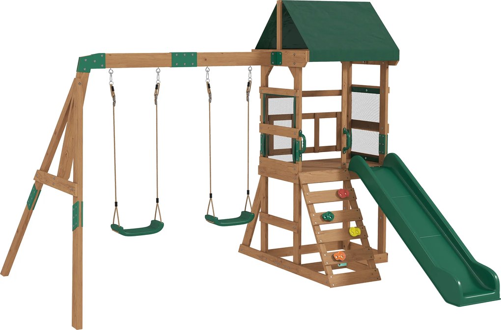 AIYAPLAY Wieża zabaw drewniana z huśtawkami i zjeżdżalnią 194,5 cm dla dzieci 3-8 lat 315x284x233 cm Zielony | Aosom PL