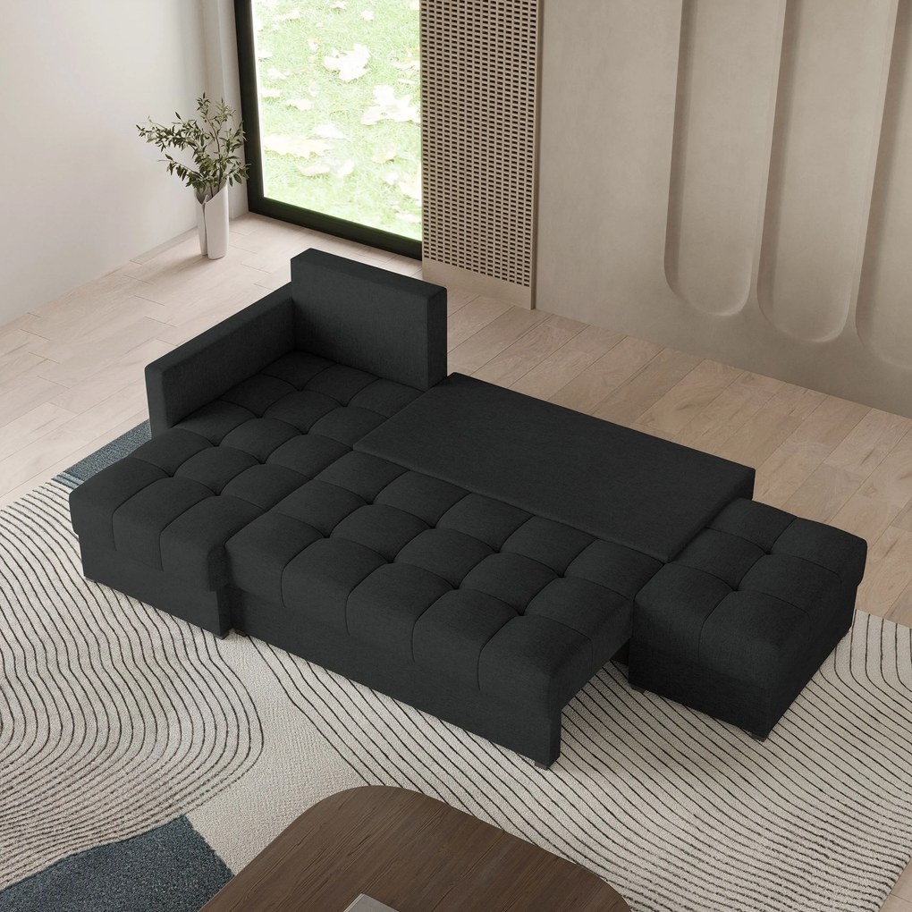 Masseno Narożnik LUMARI z funkcją spania i pojemnikiem na pościel Narozniki L, Rozkładana sofa - Czarny, NEVE 100