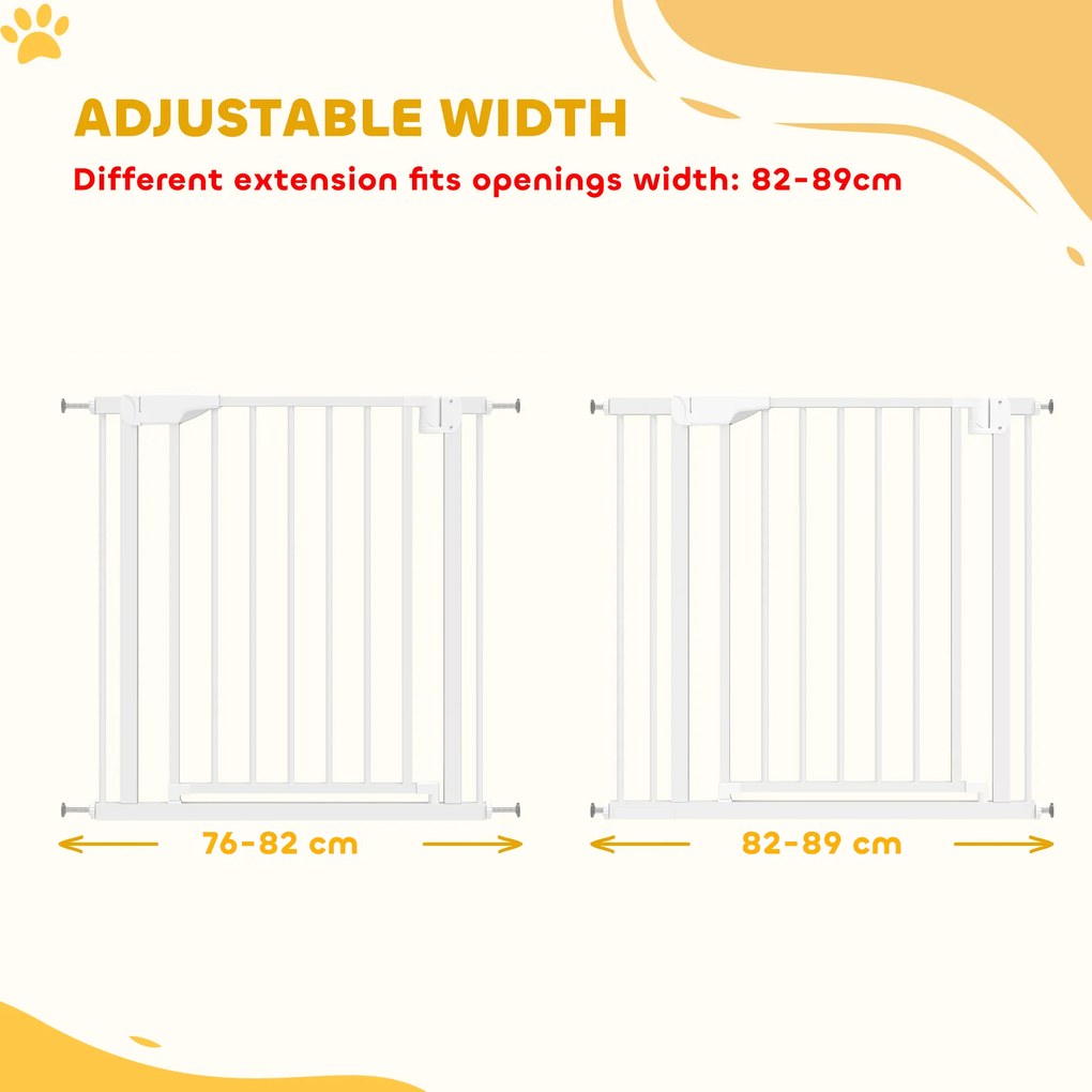 PawHut Bramka Ochronna Bez Wiercenia z Automatycznym Zamykaniem dla Dzieci i Zwierząt 76–89 x 76 cm, Biała | Aosom PL