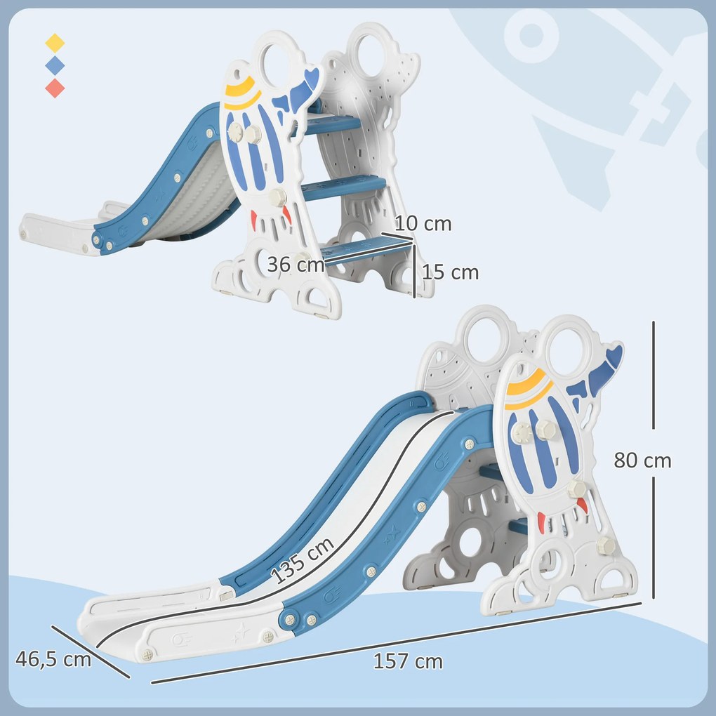 AIYAPLAY Zjeżdżalnia dla dzieci w wieku 1,5-3 lat, design rakietowy, zestaw naklejek, niebieski, 157 x 46,5 x 80 cm