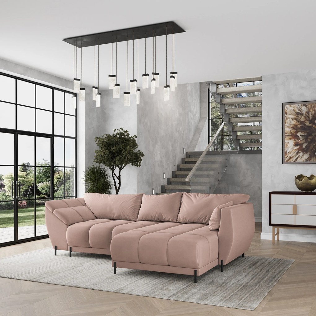 Masseno Narożnik VESTANO z funkcją spania i pojemnikiem na pościel Narozniki L, Rozkładana sofa - Pudrowy róż, MATT VELVET 61