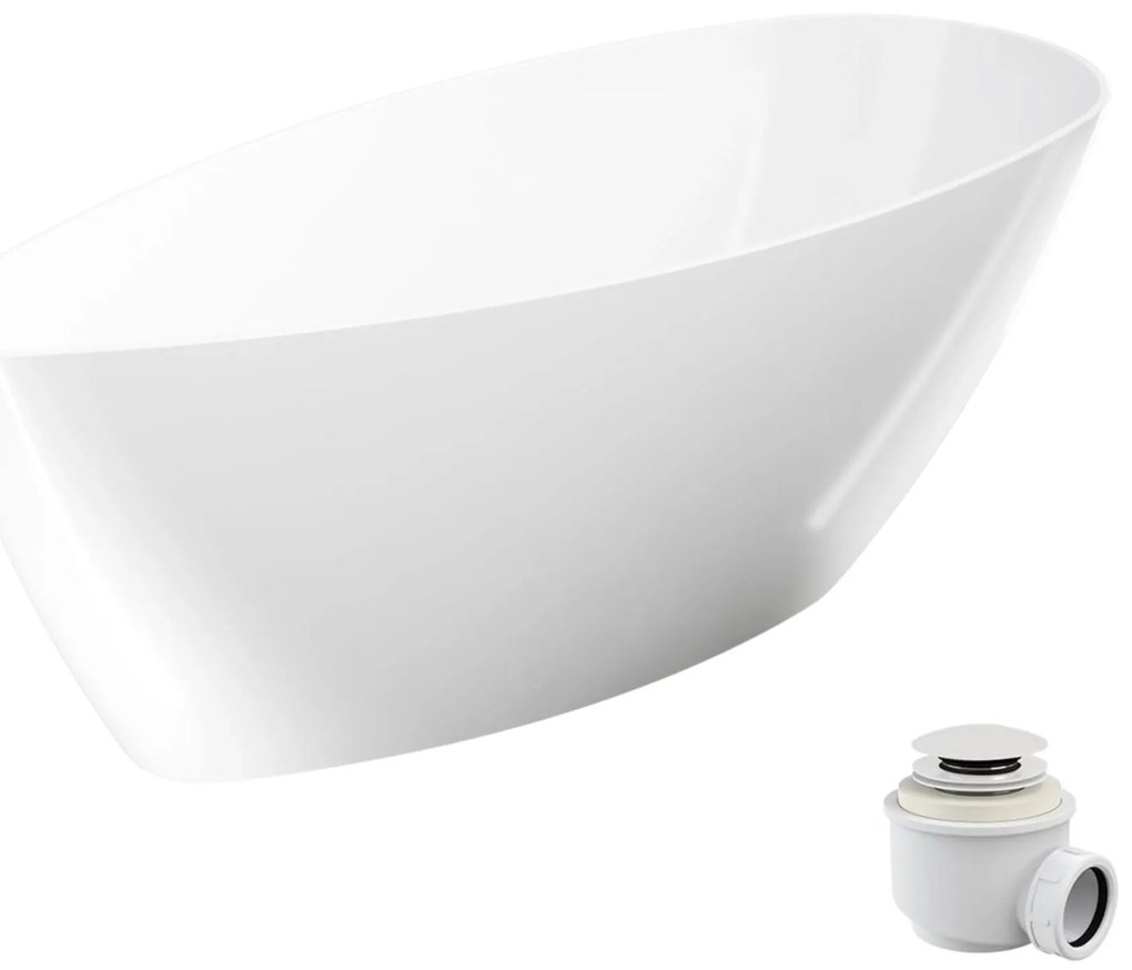 Wanna wolnostojąca SUZA owalna biała z konglomeratu 160 x 70 cm bez przelewu cienki rant | Różne kolory korków : Kolor korka - Biały