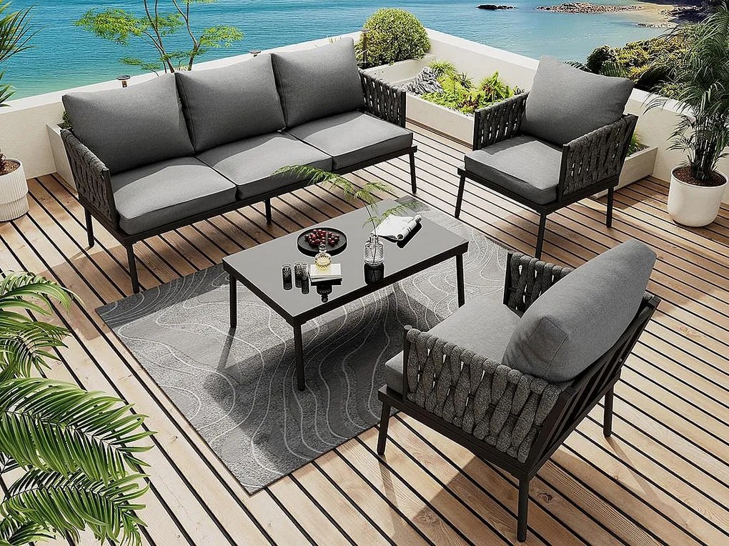 Zestaw mebli ogrodowych - zestaw leżaków ogrodowych - 5 miejsc - z liny - z żelaza galwanizowanego - kanapa - 1 stół kawowy - 2 fotele - Szary