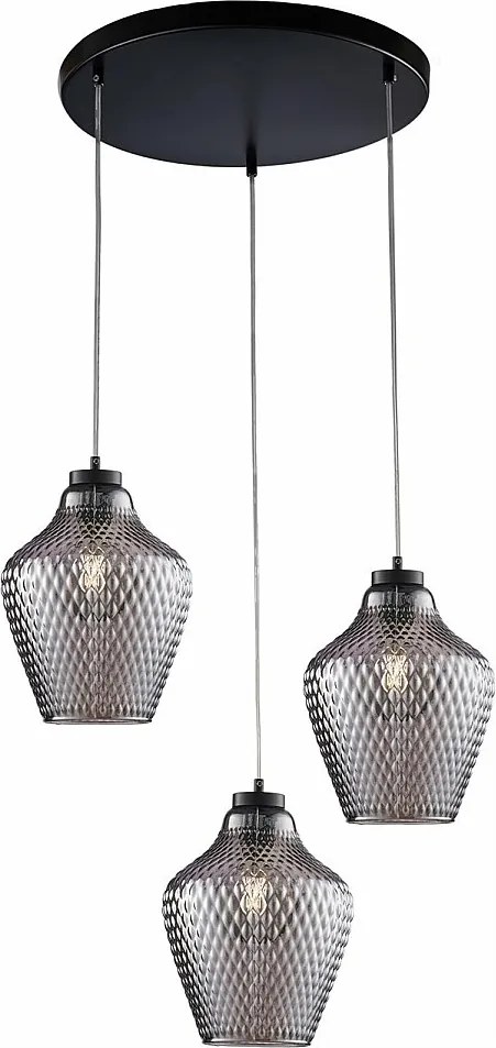 Lampa wisząca Maya z czarnego lakierowanego żelaza, regulowane kable, klosze z lustrzanego szarego szkła dmuchanego z reliefem, 3 światła