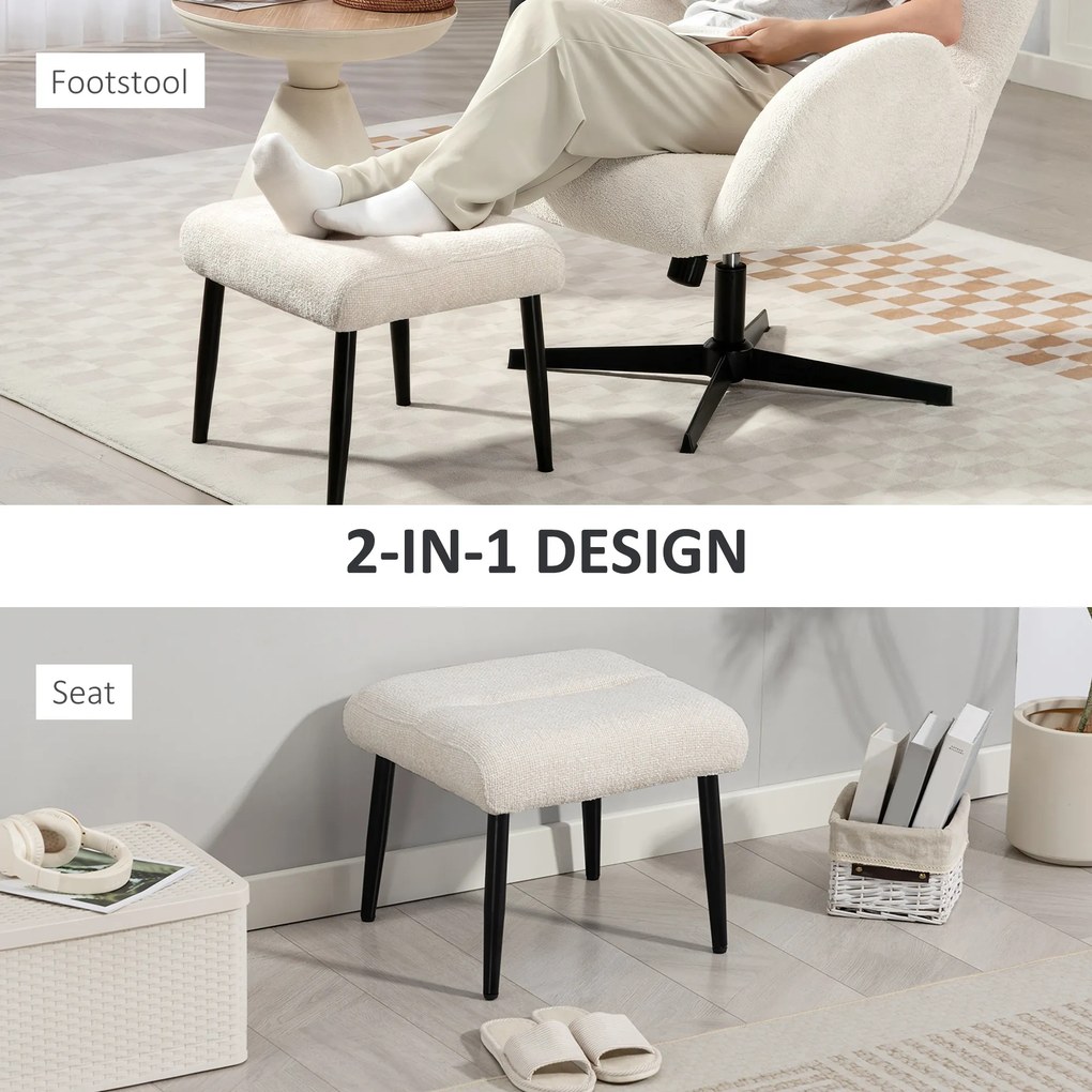 HOMCOM Pufa z miękką poduszką siedziska stalowe nóżki podnóżek z tkaniny Chenille, 45 x 41 x 38 cm, kremowobiały