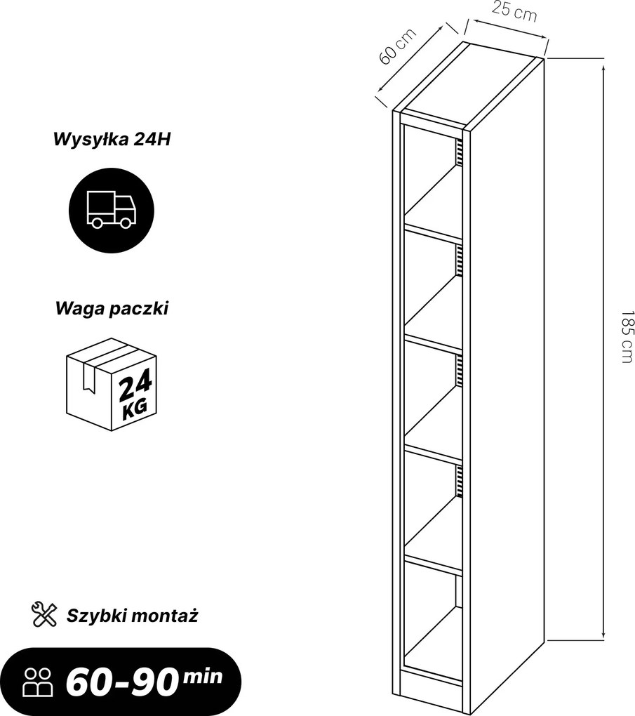 Regał metalowy wąski, archiwizacyjny na dokumenty biały, 250x1850x600 mm: TIM