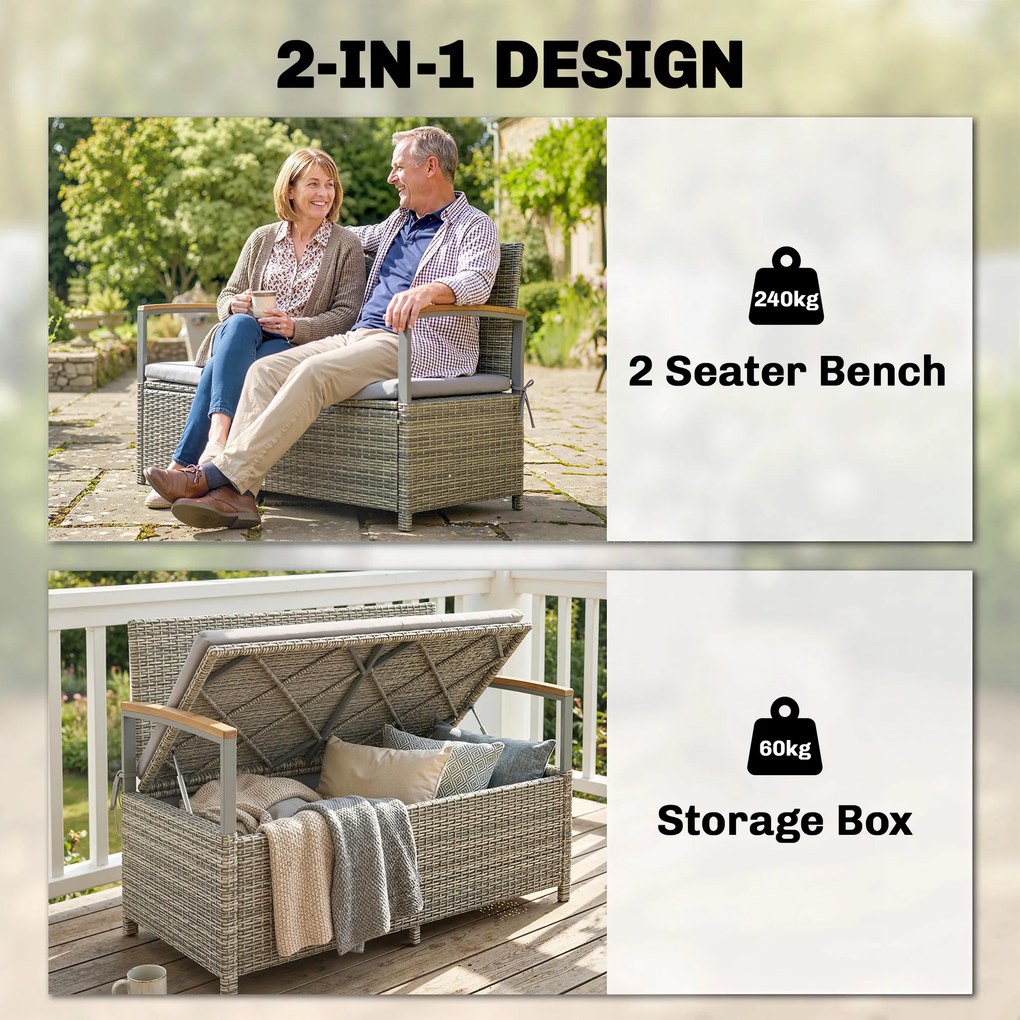 Outsunny Ławka Ogrodowa Rattan 170L 2-osobowa Ławka z Schowkiem Zdejmowana Poduszka Zamek Błyskawiczny Drewniane Podłokietniki | Aosom PL