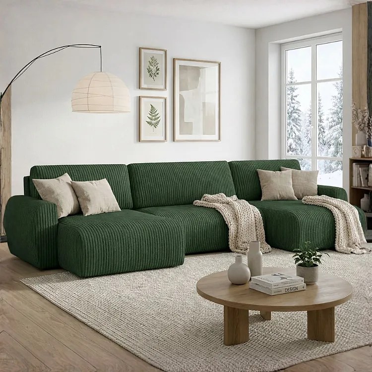 Stylowy narożnik rozkładany  ARIEL U 342x142x87 cm w tkaninie Velo 79 butelkowa zieleń