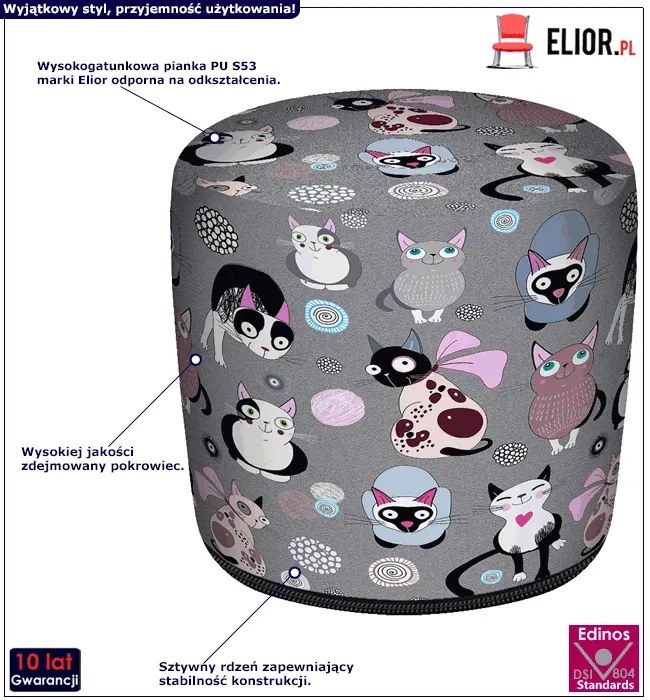 Szara okrągła pufa dziecięca w kotki G3-P93