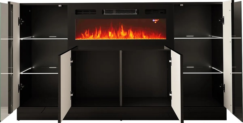 Czarna komoda z kominkiem elektrycznym i oświetleniem Diuna 1