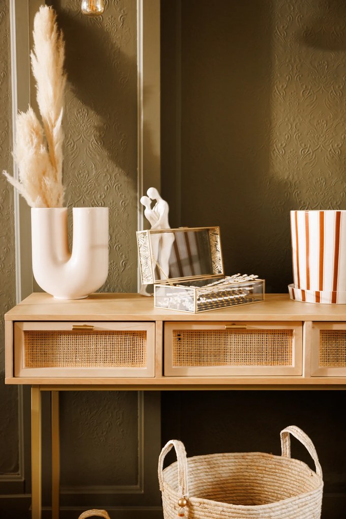 Wąska konsola boho RAYO z 3 szufladami i plecionką wiedeńską