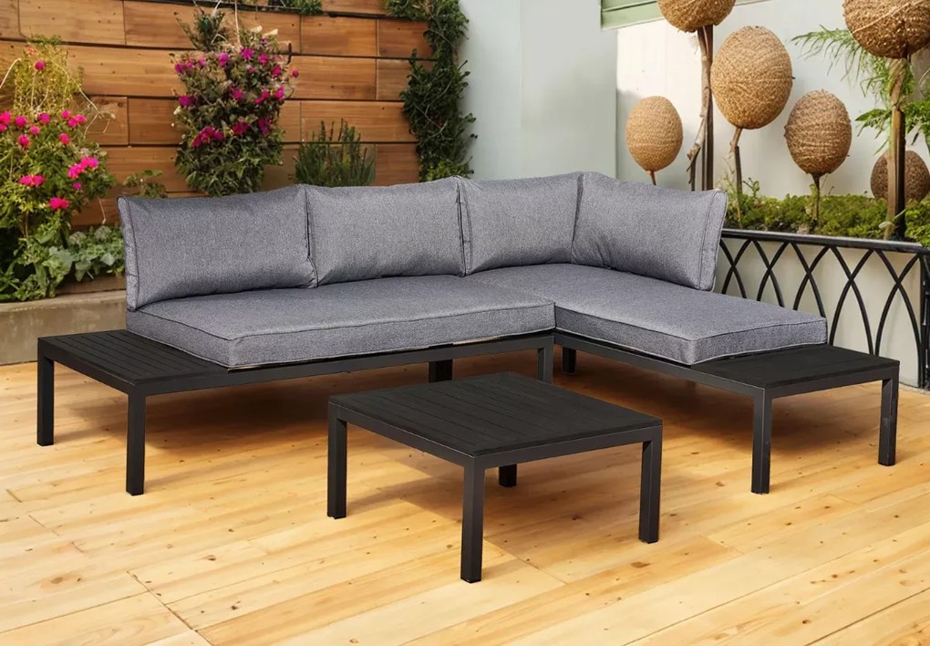 Zestaw ogrodowy Loftia 2x sofa narożna 4-osobowa + stolik kawowy stalowy szary/czarny