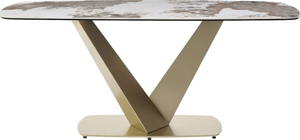 Stół do jadalni dla 6 osób z ceramiki, szkła hartowanego i złotego metalu - Efekt białego marmuru i szary - PORELIMA marki Maison Céphy
