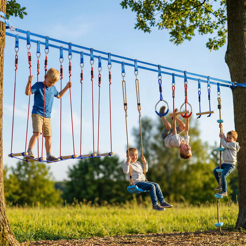AIYAPLAY Ninja Line dla dzieci, zestaw 24 m Slackline z pierścieniami gimnastycznymi, 7 przeszkodami, mostem do balansowania, dla dzieci w wieku 3-6 lat, czerwony+niebieski | Aosom PL
