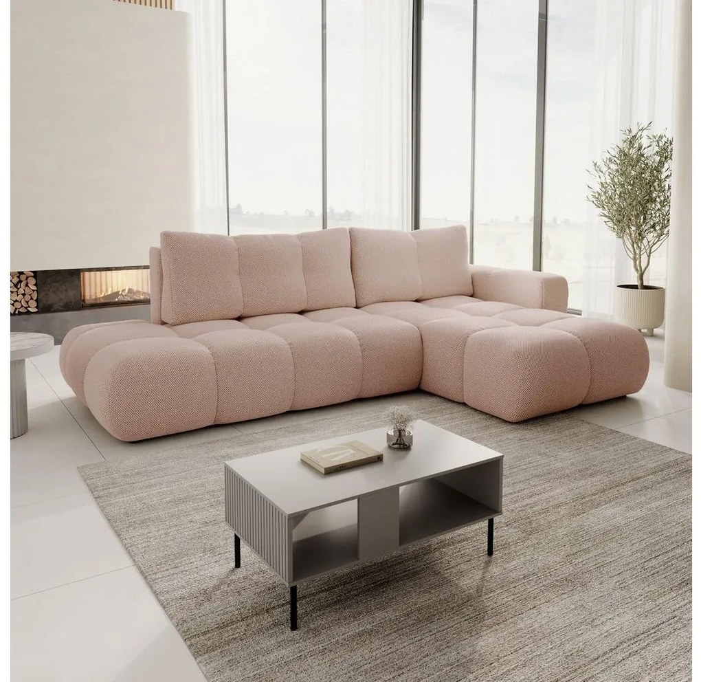 Rozkładana narożna kanapa tapicerowana ALMADA, układ L, prawostronna, różowa, z pojemnikiem na pościel