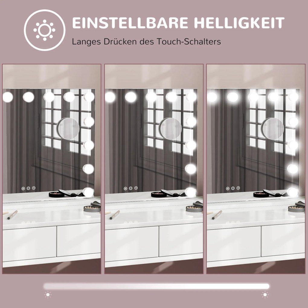 HOMCOM Kosmetyczne Lustro LED, 3 Tryby Światła, Ściemnialne, Sterowanie Dotykowe, USB, 58x48cm, Biały