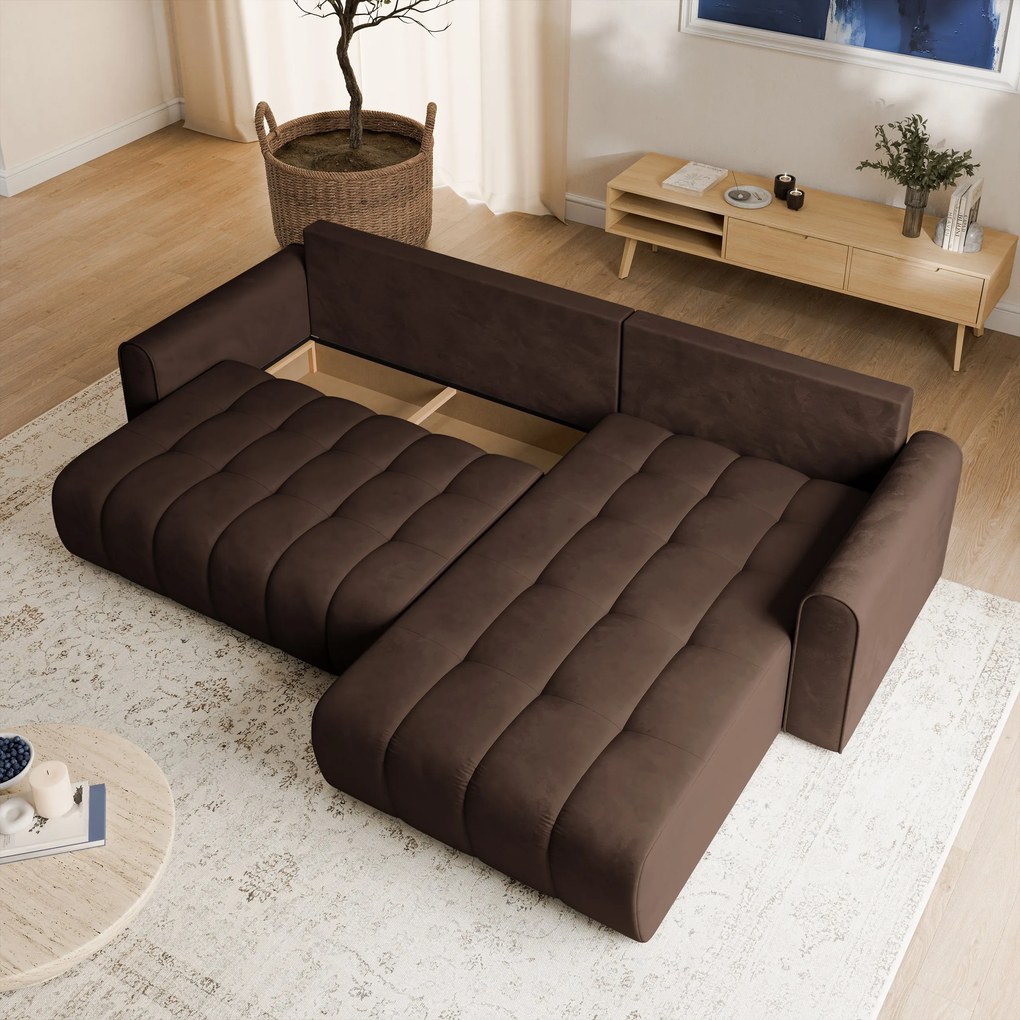 Masseno Narożnik FRIGA z funkcją spania i pojemnikiem na pościel Narozniki L, Rozkładana sofa - Brązowy, MONOLITH 29