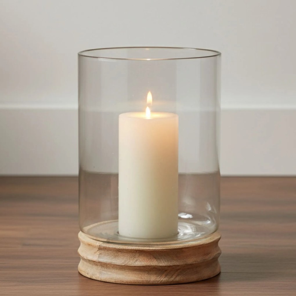 Lampion ozdobny z drewna mango i szkła Ø 26 cm, wys. 41 cm