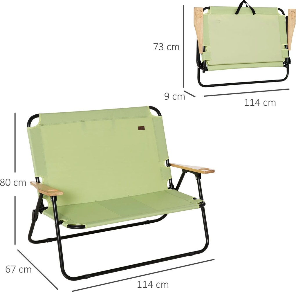 Outsunny Krzesło kempingowe dla dwóch osób, składane, z uchwytami na napoje, 141 x 67 x 80 cm, Zielony
