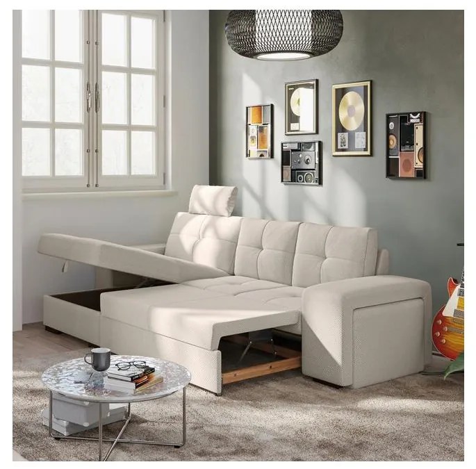 Rozkładana sofa z pojemnikiem i pufą PALERMO jasnoszara lewa