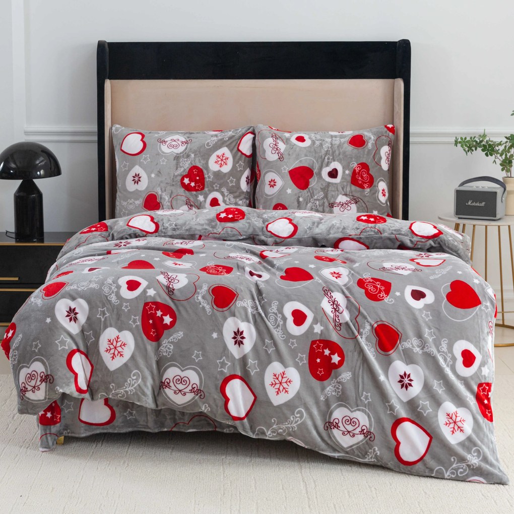 PrzytulneMieszkanie.pl PrzytulneMieszkanie.pl PrzytulneMieszkanie.pl Zestaw pościeli z mikropluszu CHRISTMAS HEART szare + prześcieradło z mikropluszu SOFT 90x200 cm białe, jednoosobowe łóżko
