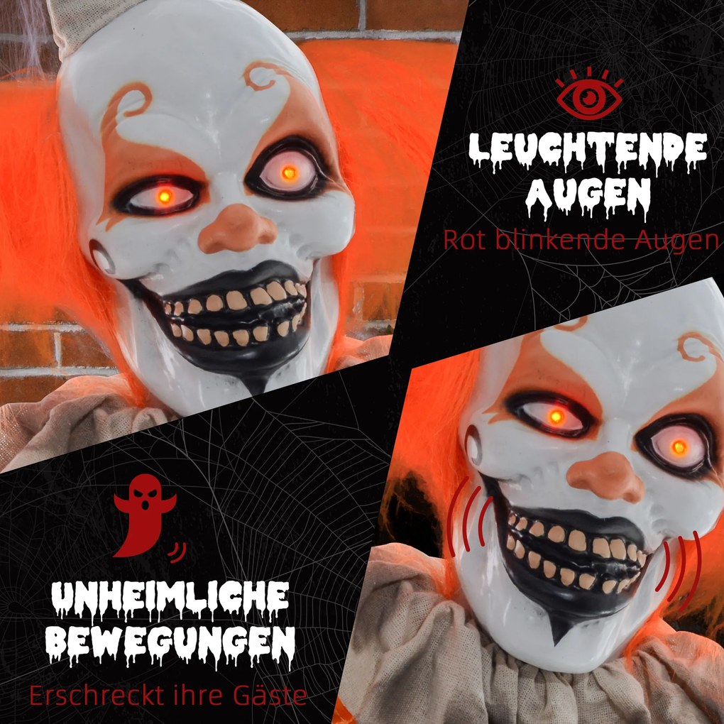 HOMCOM Dekoracja Halloween Klaun, giętkie ramiona, aktywacja przez dotyk/dźwięk, świecące oczy