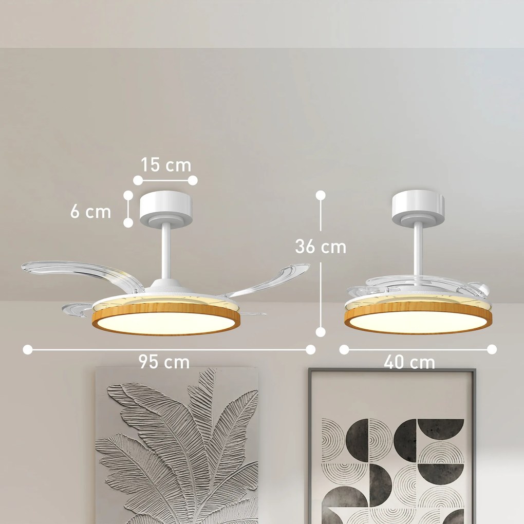 HOMCOM Wentylator sufitowy z lampą i pilotem, Ø95 cm, nowoczesny wentylator sufitowy LED ze składanymi łopatkami, drewno naturalne | Aosom PL