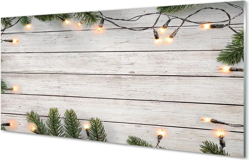 Panel szklany do Kuchni Świąteczne Lampki na Drewnie