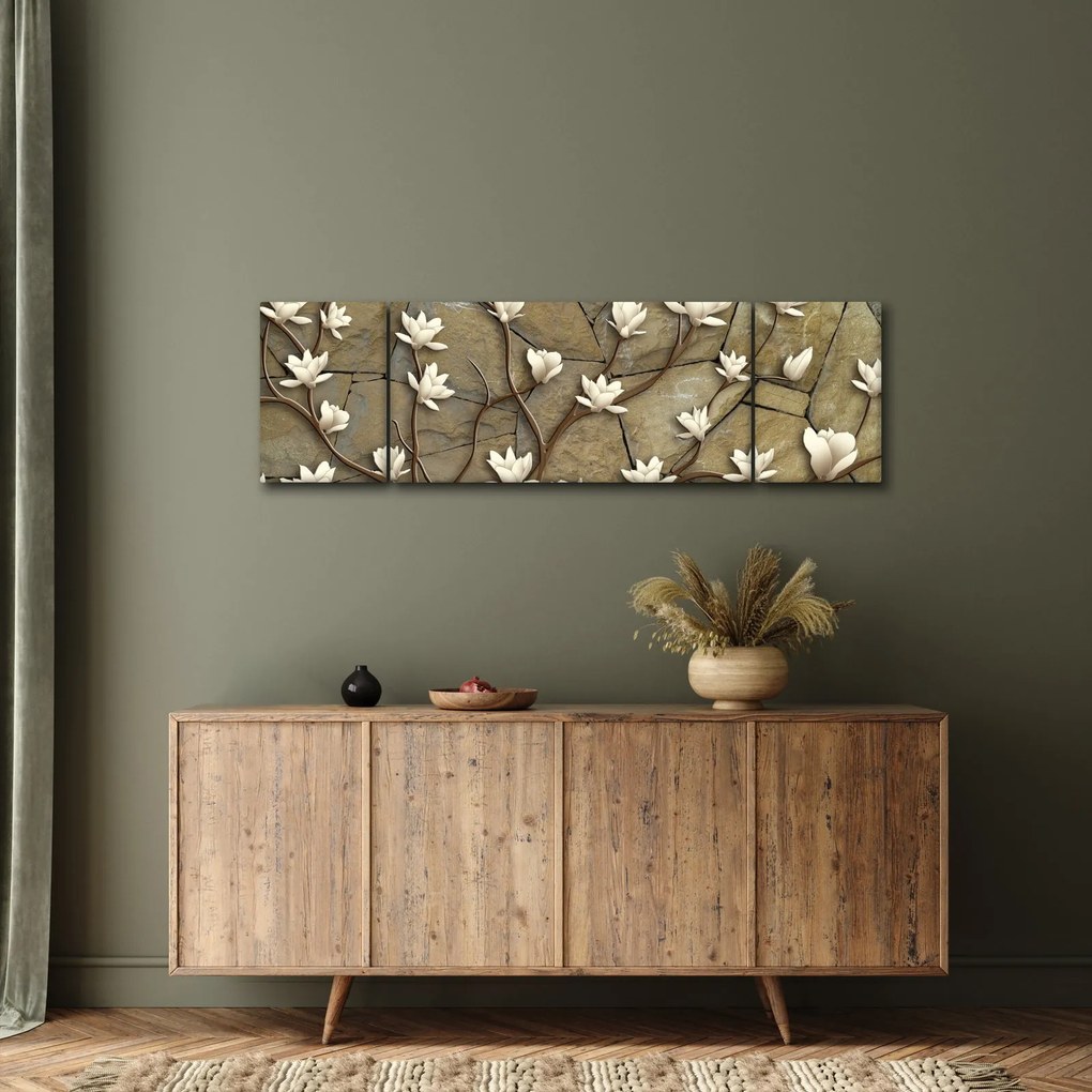 Obraz - Białe magnolie na murze kamiennym (170x50 cm)